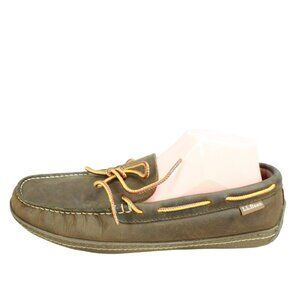 LL Bean Brown Leather Flannel Lined Handsewn Moccasin Slippers Size 10 M